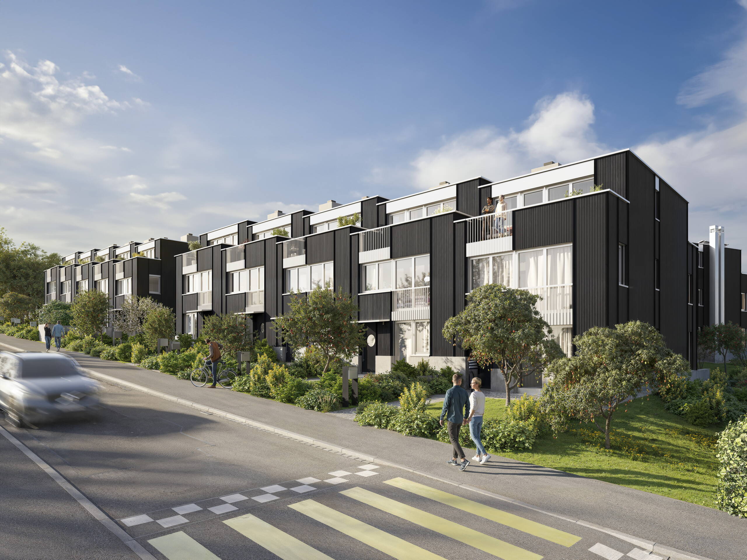 architekturvisualisierung-strubenacher-aussenansicht.jpg Architekturvisualisierung Strubenacher – Aussenansicht Wohnueberbauung mit Gruenflaeche und moderner Fassade