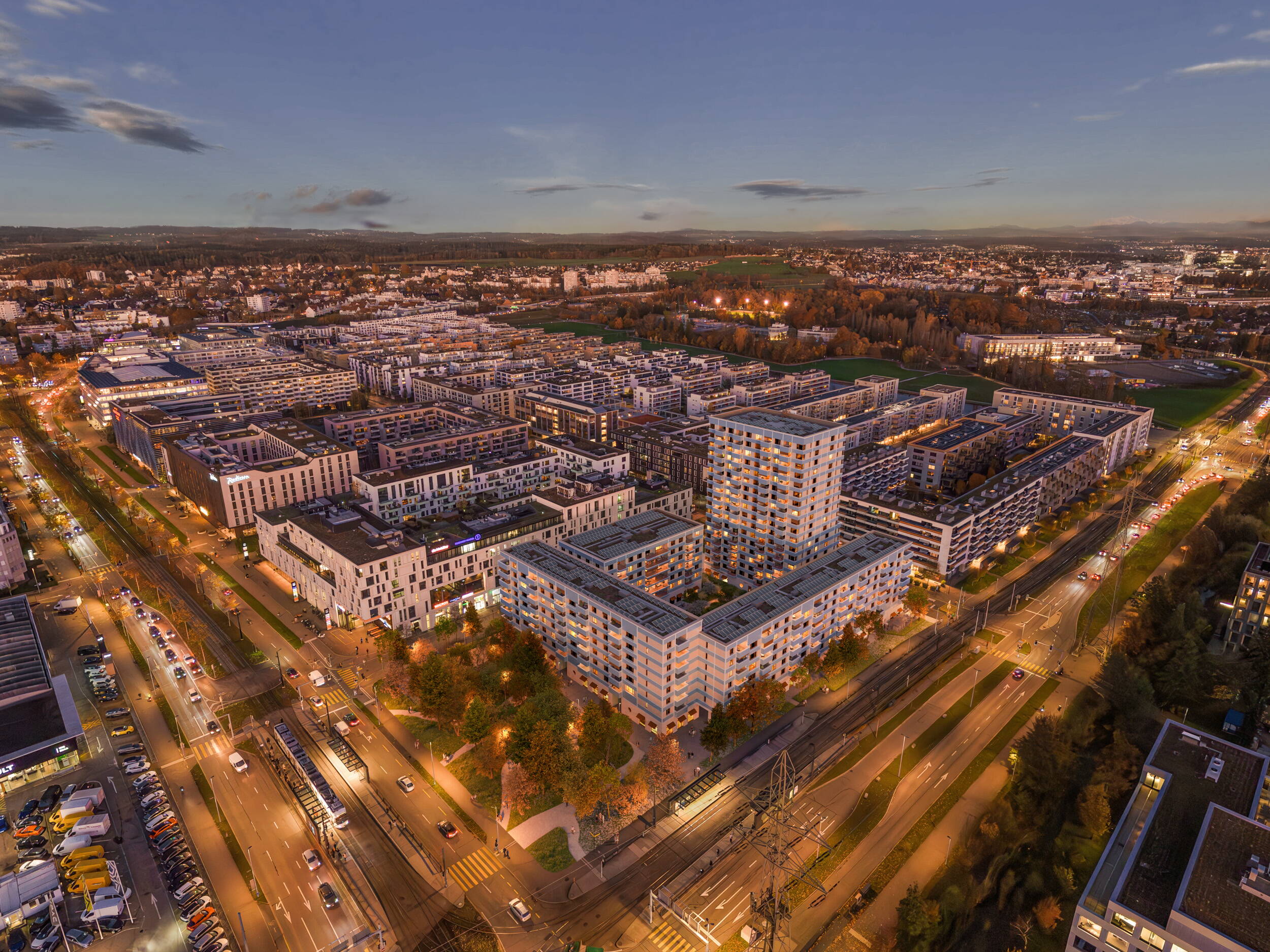 architekturvisualisierung-opfikon-vogelperspektive.jpg Architekturvisualisierung Opfikon aus der Vogelperspektive – Arealentwicklung mit Wohn- und Gewerbeflaechen