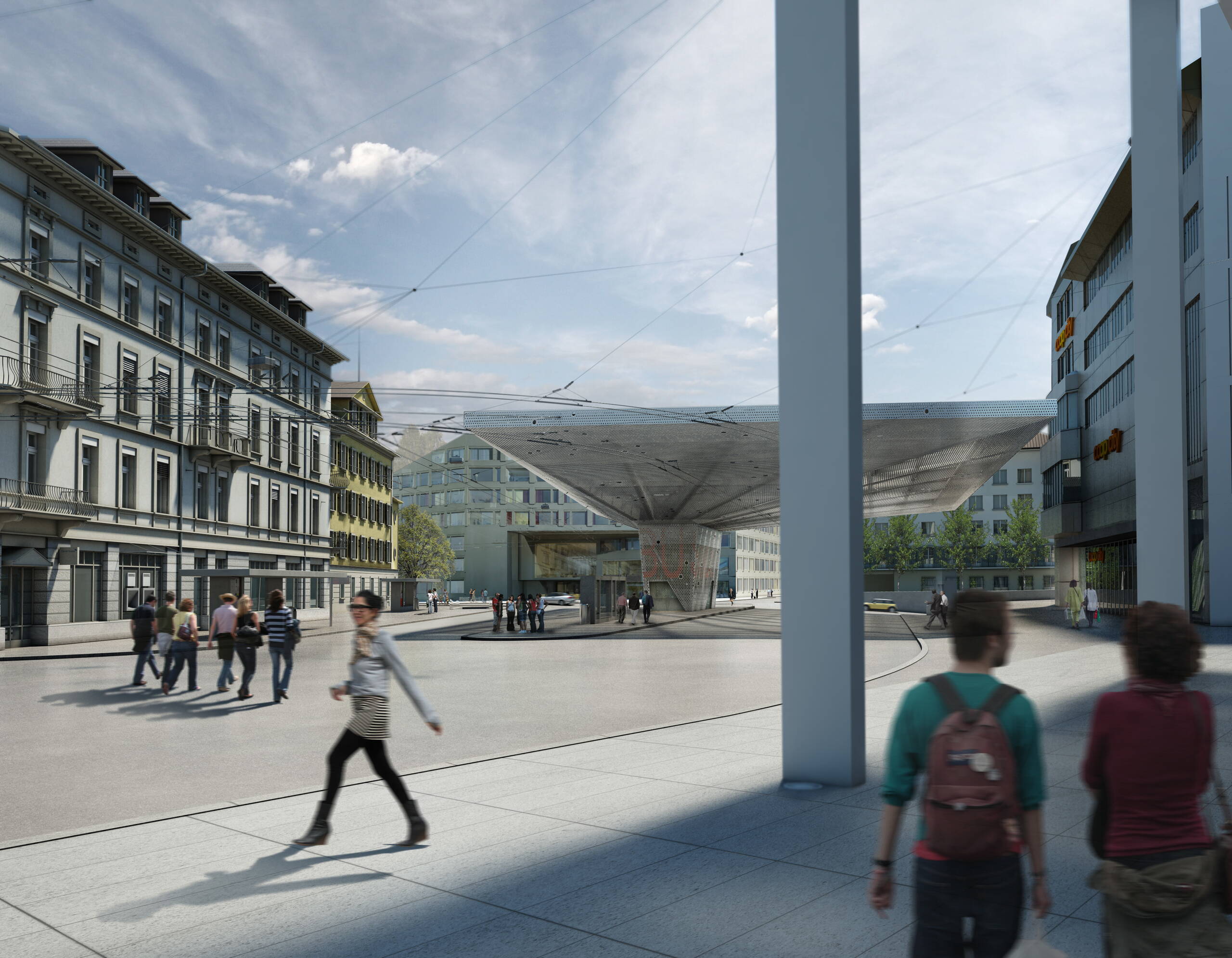 Stutz Bolt Bahnhofplatz Winterthur weitsicht, Wettbewerbsvisualisierung, Aussenvisualisierung, 3D Rendering, Architekturvisualisierungen