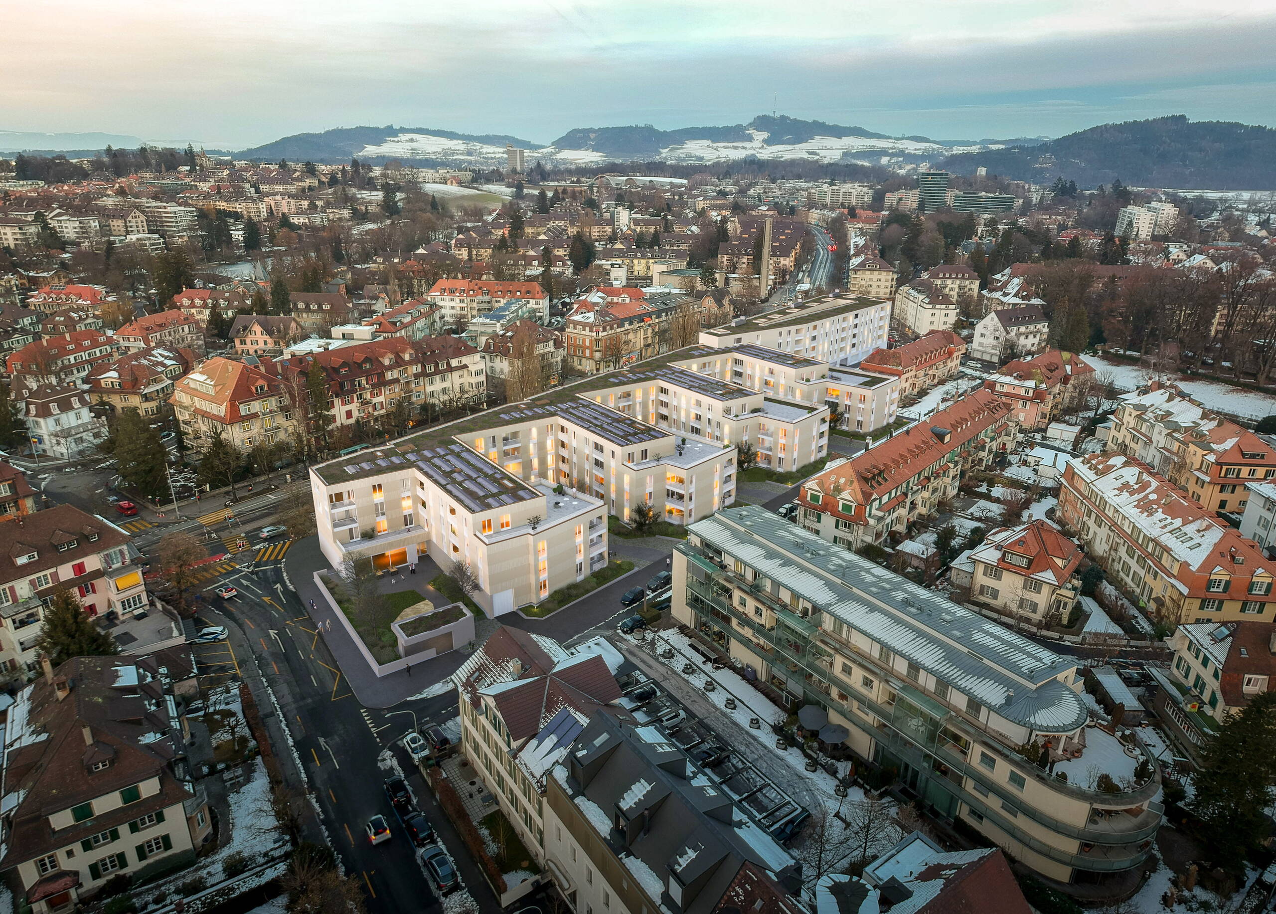 Aussenvisualisierung Tramdepot Bern, Vogelperspektive, Architekturvisualisierungen, Immobilienvisualisierungen