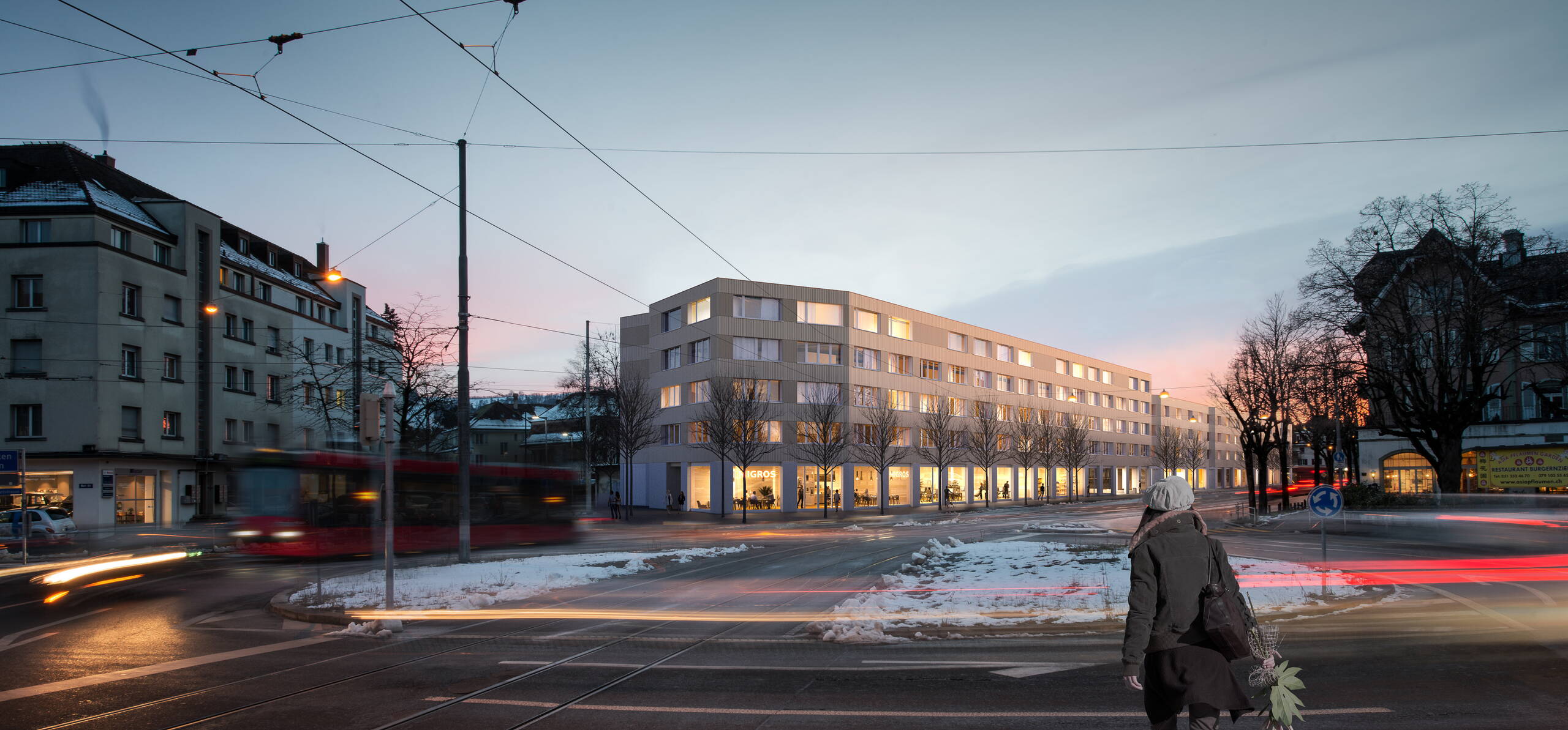 Aussenvisualisierung Tramdepot Bern, Strassenansicht, Architekturvisualisierungen, Dämmerung, Immobilienvisualisierungen